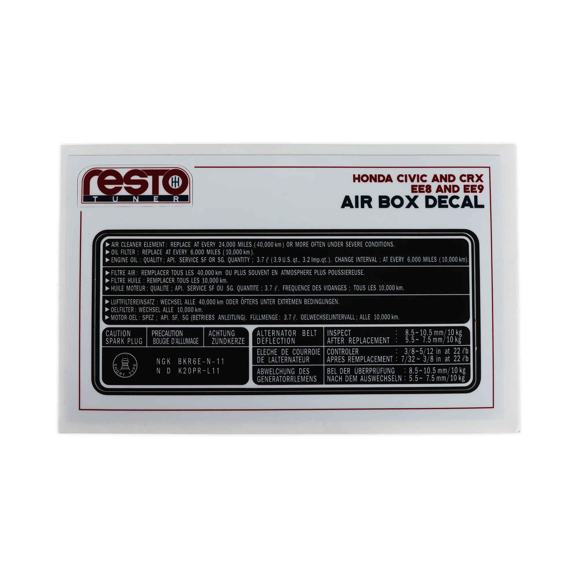 RestoTuner Civic/CRX EE8 & EE9 Air Filter Box Replacement Decal (Factory B16)