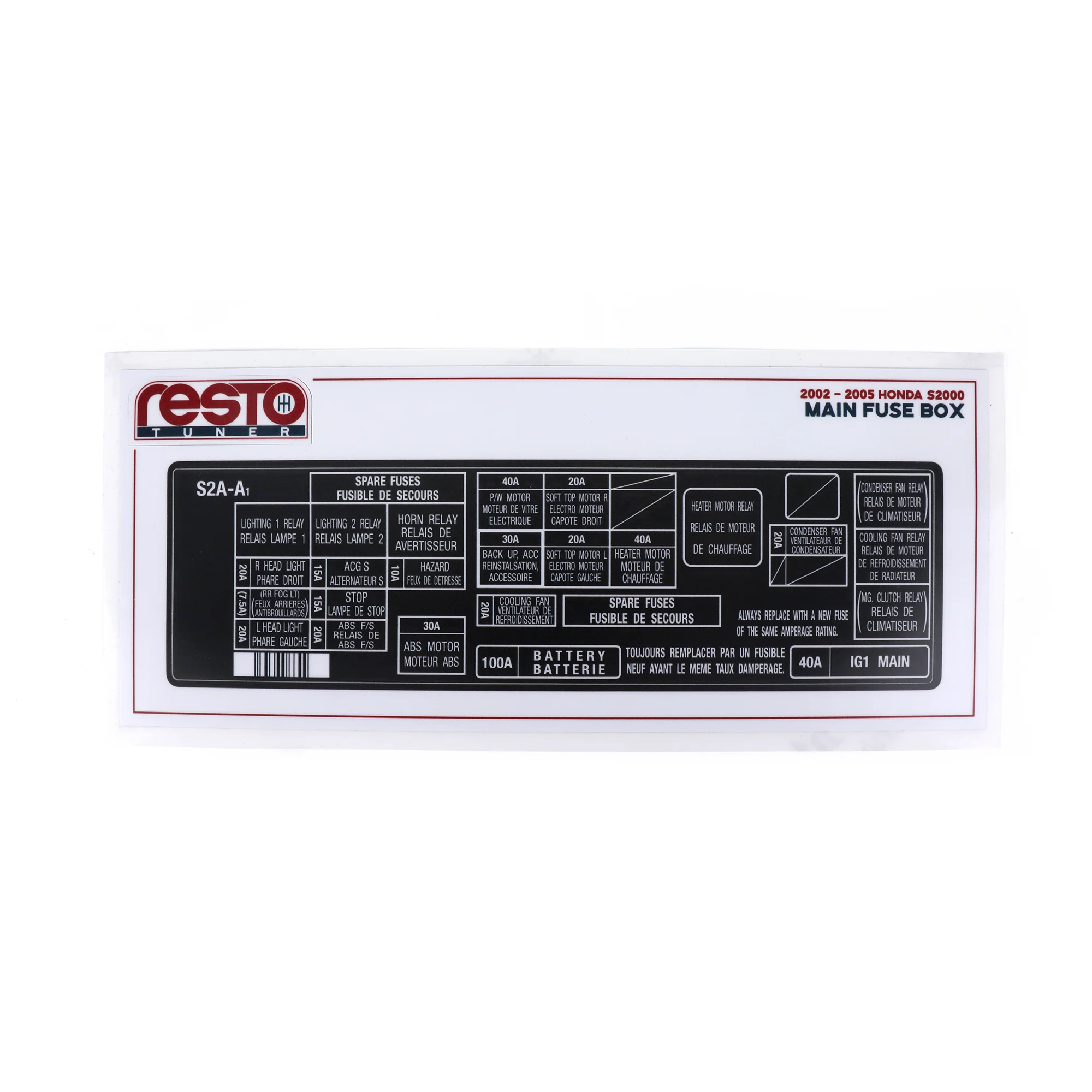 RestoTuner Honda S2000 Engine Bay Fuse Box Replacement Decal - Image 5