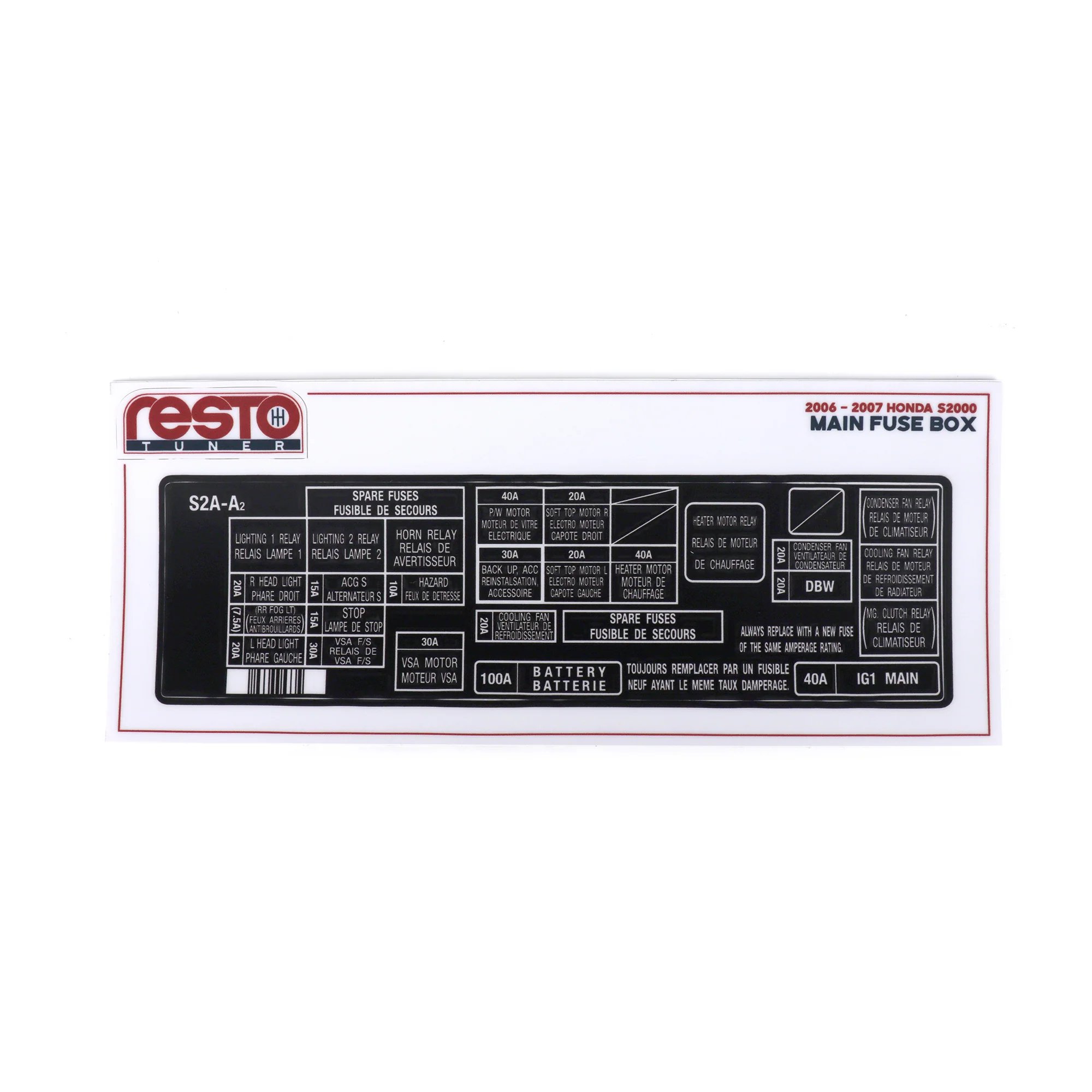 RestoTuner Honda S2000 Engine Bay Fuse Box Replacement Decal - Image 7
